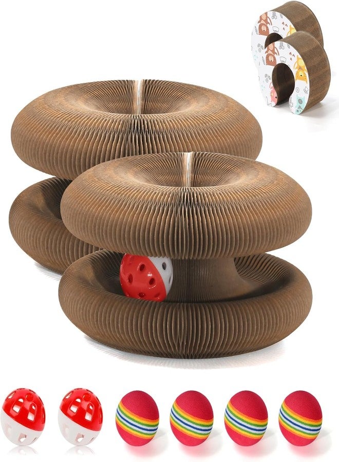 DoubleCare 2 PCS Magic Organ Cat Scratcher Board with 6 Balls, Foldable Recyclable Accordion Cats Toy with Ball and Track Adventure, Cat Scratching Pad, Retractable Reversible Furniture Protector(Brown) - Image 1